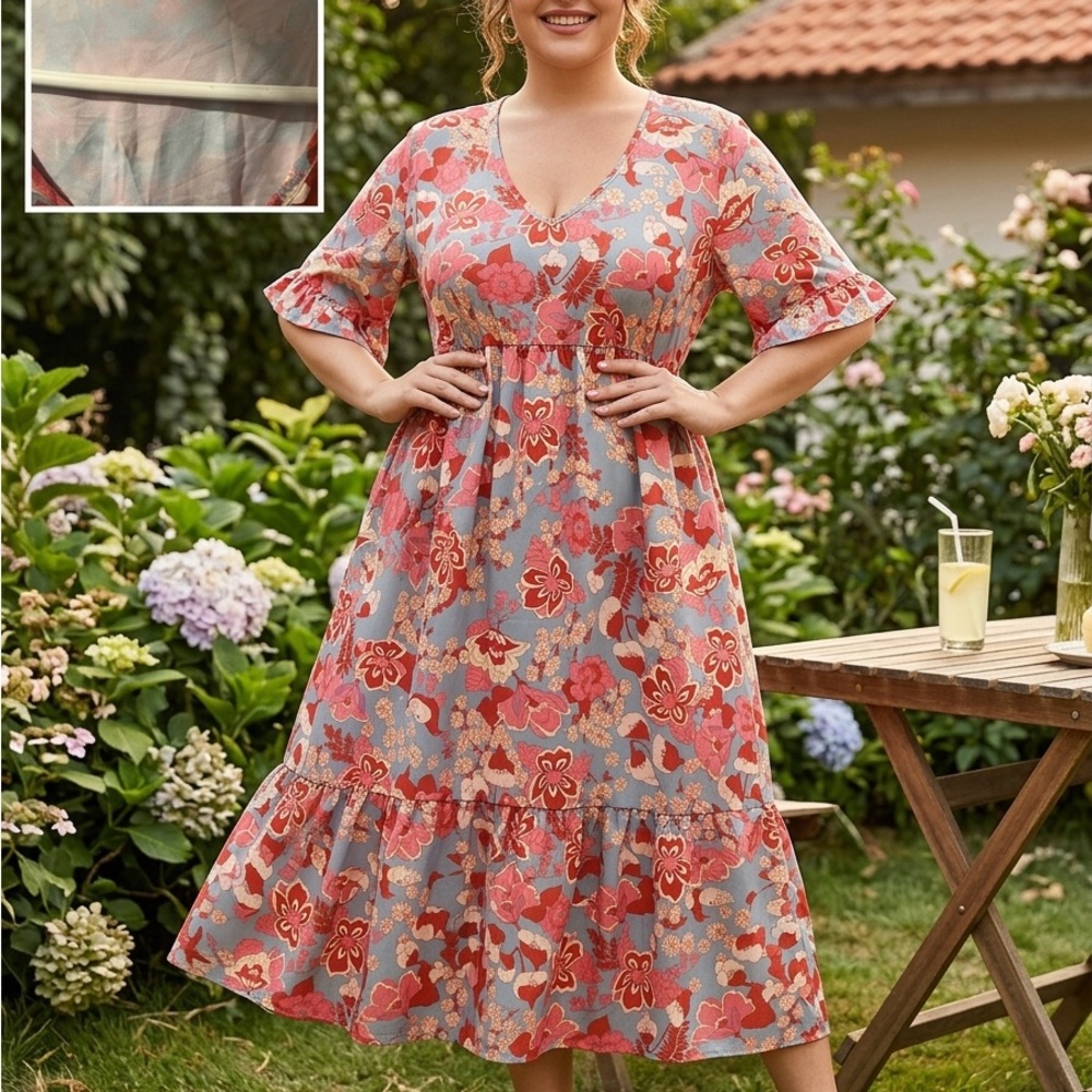 Floral V-Neck Midi Dress in Coral and Gray